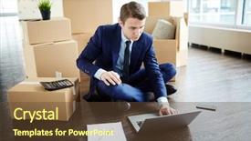  Presentation with new office - Theme consisting of thesis management - busy young manager in suit background and a  colored foreground