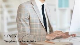  Presentation with sitting posture and computer ergonomics - Colorful presentation theme enhanced with thesis management - creative businessman sitting in front backdrop and a  colored foreground