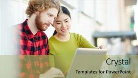  Presentation with friendly - Presentation theme having thesis management - friendly students with laptop reading background and a yellow colored foreground