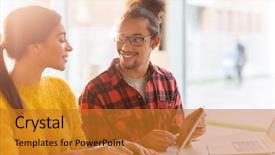  Presentation with tablet - Colorful presentation design enhanced with thesis management - happy young colleagues with tablet backdrop and a gold colored foreground