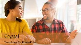  Presentation with task - Colorful slide set enhanced with thesis management - happy young couple discussing online backdrop and a gold colored foreground