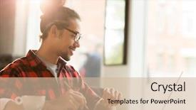  Presentation with conference - PPT theme enhanced with thesis management - happy young hispanic man watching background and a soft green colored foreground