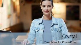  Presentation with coffee shop - Cool new presentation with thesis management - portrait of businesswoman working backdrop and a light blue colored foreground
