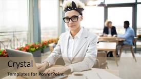  Presentation with cafe - PPT theme having thesis management - pretty young blond businesswoman wearing background and a coral colored foreground