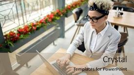  Presentation with browsing security - Theme consisting of thesis management - serious businesswoman concentrating on browsing background and a  colored foreground