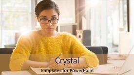  Presentation with yellow and teal design music note - PPT layouts with thesis management - serious young businesswoman in eyeglasses background and a  colored foreground