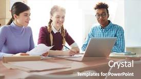  Presentation with friendly - Presentation theme with thesis management - three friendly students sitting background and a coral colored foreground