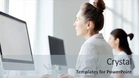  Presentation with mature students sitting at desks - Colorful slides enhanced with thesis management - two young businesswomen or students backdrop and a light blue colored foreground