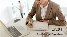  Presentation with accountant - Beautiful PPT theme featuring thesis management - young accountant making notes backdrop and a  colored foreground