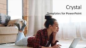  Presentation with thesis - Slide set having thesis management - young casual female lying background and a white colored foreground