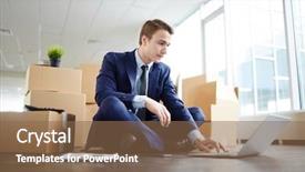  Presentation with front office - PPT theme having thesis management - young cross-legged businessman in suit background and a violet colored foreground