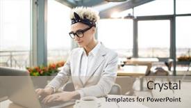  Presentation with high net worth - Colorful PPT theme enhanced with thesis management - young elegant businesswoman working backdrop and a  colored foreground