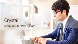  Presentation with search button searching information online - Theme with thesis management - young manager networking by desk background and a  colored foreground