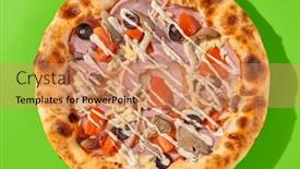  Presentation with minimalist - PPT theme having thick-crust-pizza-with-ham background and a coral colored foreground