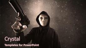  Presentation with chainsaw - Presentation design with thief hunter - masked armed villain in empty background and a wine colored foreground