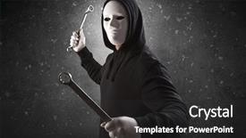  Presentation with chainsaw - Presentation design featuring thief hunter - masked armed villain in empty background and a dark gray colored foreground