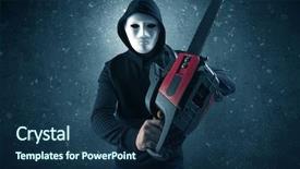  Presentation with chainsaw - Slides enhanced with thief hunter - masked armed villain in empty background and a navy blue colored foreground