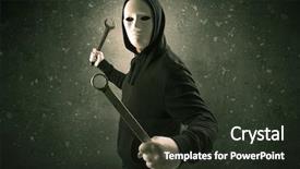  Presentation with chainsaw - PPT layouts with masked armed villain in empty dark room with gun ax chainsaw mallet wrench background and a tawny brown colored foreground
