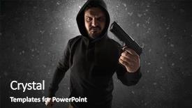  Presentation with chainsaw - Presentation theme having thief hunter - masked armed villain in empty background and a dark gray colored foreground