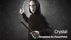  Presentation with chainsaw - Presentation theme consisting of thief hunter - masked armed villain in empty background and a dark gray colored foreground