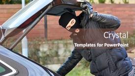  Presentation with mechanical engineering car spring - Colorful presentation design enhanced with thief-with-balaclava-by-car backdrop and a violet colored foreground