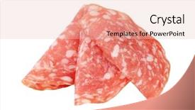  Presentation with dry - Colorful presentation design enhanced with thin air - slices of dry salami arranged backdrop and a  colored foreground