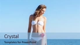  Presentation with wooden - Colorful theme enhanced with thin air - woman in white bikini swimsuit backdrop and a  colored foreground