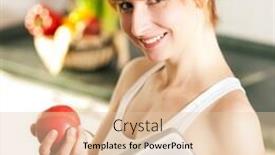  Presentation with healthy nutrition - Theme enhanced with thin and beautiful woman standing in her kitchen with an apple and a weight scale in her hand symbol for loosing weight diet and healthy nutrition in the background there is a fruit bowl background and a lemonade colored foreground