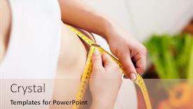  Presentation with tape - Audience pleasing presentation theme consisting of thin and beautiful woman only torso measuring her waist with a tape measure in the background fruit in a bowl backdrop and a coral colored foreground
