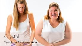  Presentation with fat - PPT theme consisting of thin and fat woman measuring waist with measuring tape one woman looking unhappy or envious background and a coral colored foreground