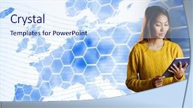  Presentation with using digital tablet - Slide set with thin blue line - digital composition of woman using background and a sky blue colored foreground