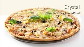  Presentation with mozzarella cheese - Colorful presentation design enhanced with thin-hawaiian-pizza-with-chicken backdrop and a blonde colored foreground