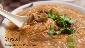  Presentation with intestine - Beautiful PPT layouts featuring thin noodles with pork intestine backdrop and a gold colored foreground