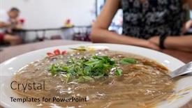 Presentation with intestine - Audience pleasing presentation consisting of thin-noodles-with-pork-intestine backdrop and a coral colored foreground