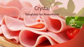  Presentation with vegetable cutting board - Amazing PPT layouts having thin slices of ham backdrop and a coral colored foreground