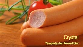  Presentation with sausages - Beautiful PPT theme featuring thin wiener sausages on wooden cutting board - detail backdrop and a tawny brown colored foreground