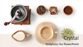  Presentation with green coffee beans - PPT theme enhanced with things for preparing coffee table background and a lemonade colored foreground