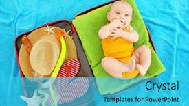  Presentation with baby chickens little cute chicks - Presentation theme featuring things for vacation in suitcase background and a cyan colored foreground