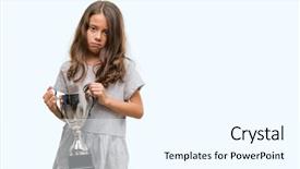  Presentation with trophy - PPT theme featuring think champion - brunette hispanic girl holding background and a cool aqua colored foreground