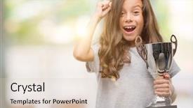  Presentation with trophy award hand holding - Cool new theme with think champion - brunette hispanic girl holding backdrop and a lemonade colored foreground