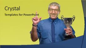  Presentation with successful - Beautiful slide deck featuring think champion - handsome senior successful man holding backdrop and a yellow colored foreground