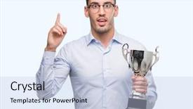  Presentation with trophy award hand holding - Slide set with think champion - handsome young man holding trophy background and a  colored foreground