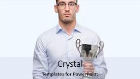  Presentation with oscar trophy - Presentation theme enhanced with think champion - handsome young man holding trophy background and a  colored foreground