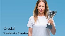  Presentation with award winner - Presentation design featuring think champion - middle age hispanic winner woman background and a light blue colored foreground