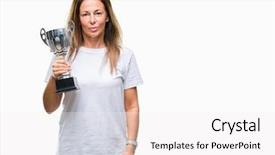  Presentation with award winner - Cool new PPT theme with think champion - middle age hispanic winner woman backdrop and a white colored foreground