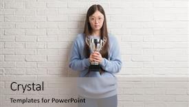  Presentation with trophy - Cool new presentation theme with think champion - young chinese woman holding trophy backdrop and a  colored foreground