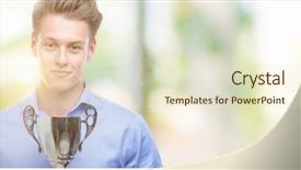  Presentation with award winner champion golden trophy - Beautiful PPT theme featuring think champion - young handsome blond man holding backdrop and a  colored foreground