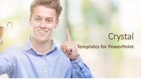  Presentation with trophy - Slides with think champion - young handsome blond man holding background and a  colored foreground