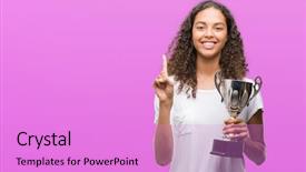 Presentation with trophy award hand holding - PPT theme consisting of think champion - young hispanic woman holding trophy background and a  colored foreground