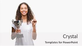  Presentation with trophy - Slide deck consisting of think champion - young hispanic woman holding trophy background and a  colored foreground